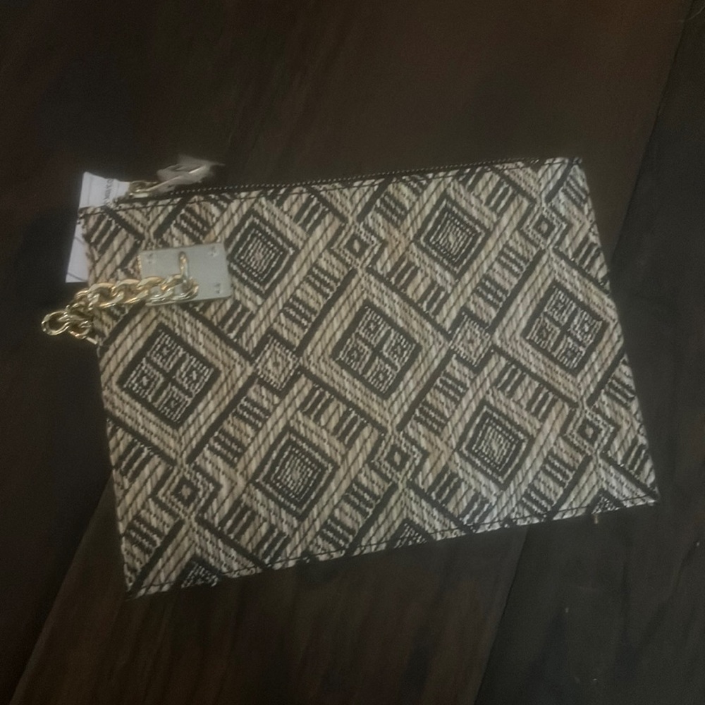 Sandra Robert Squared Straw Weave Gold Chain Wristlet Clutch Purse NWT